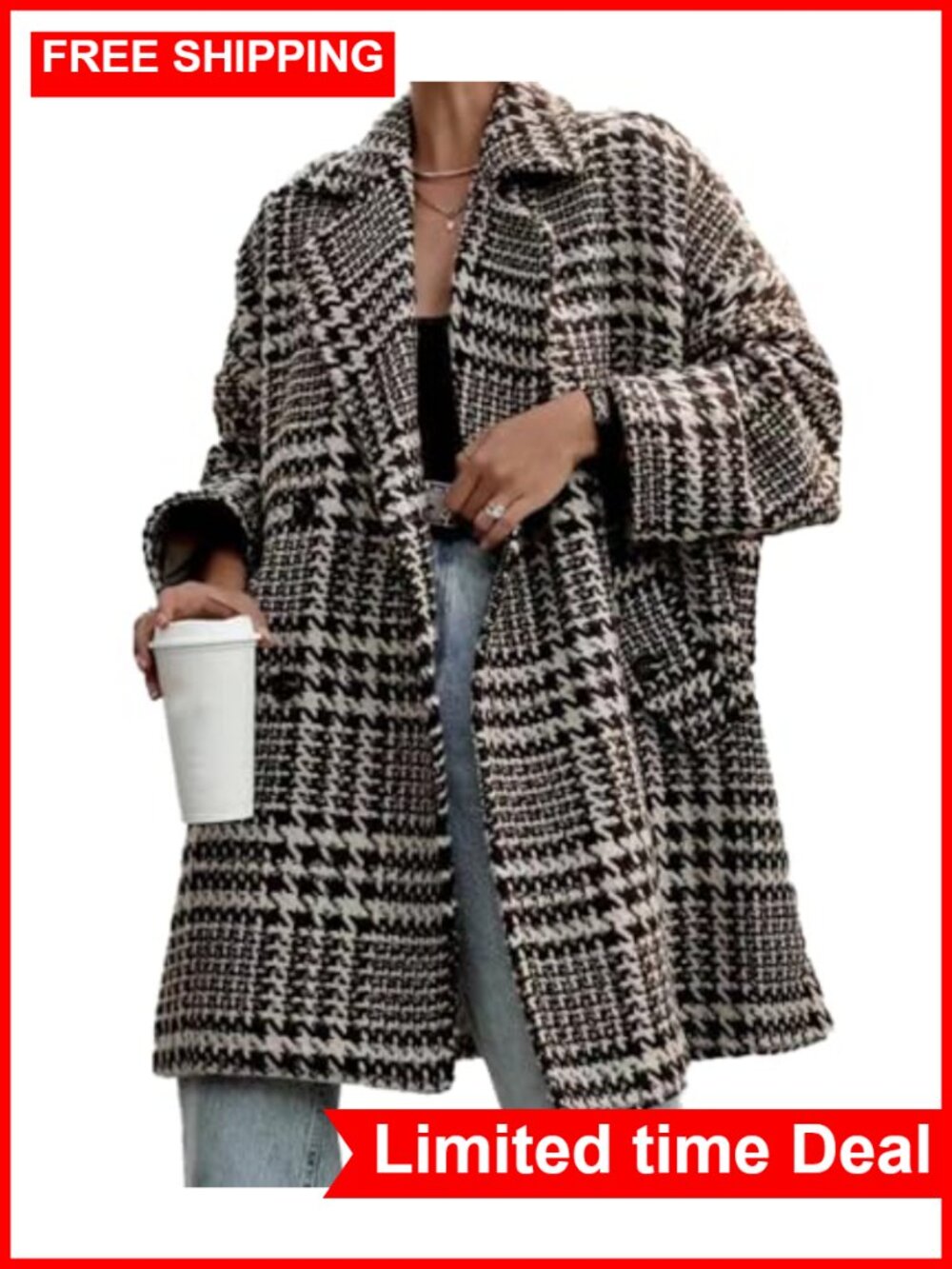 Wool Blend Houndstooth Pea Coat Double Breasted Notch Lapel Mid Long Winter